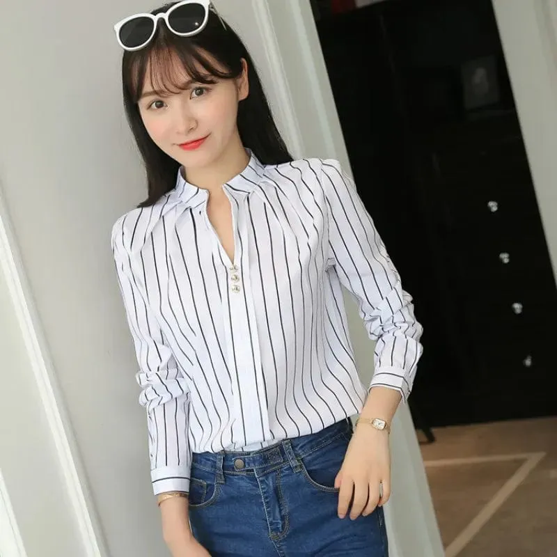 Chic Office Elegance: Women's Striped Print White Tops - Casual Long Sleeve Blouses for a Slim and Stylish Workwear Look