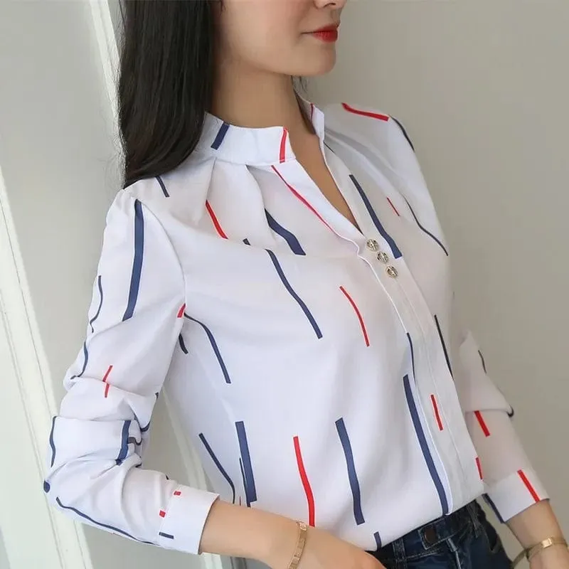 Chic Office Elegance: Women's Striped Print White Tops - Casual Long Sleeve Blouses for a Slim and Stylish Workwear Look
