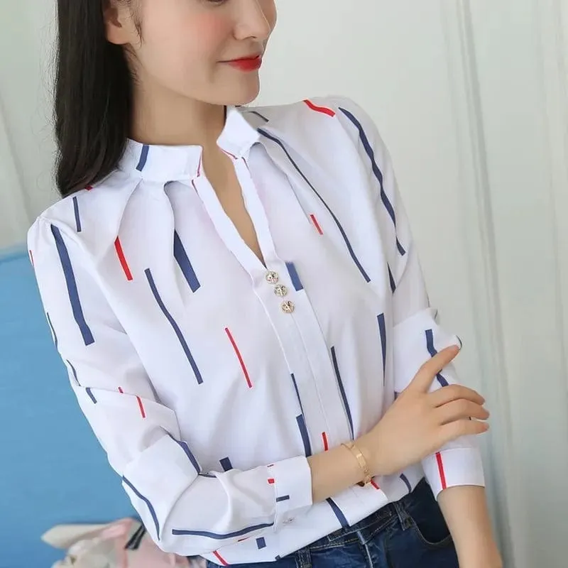 Chic Office Elegance: Women's Striped Print White Tops - Casual Long Sleeve Blouses for a Slim and Stylish Workwear Look