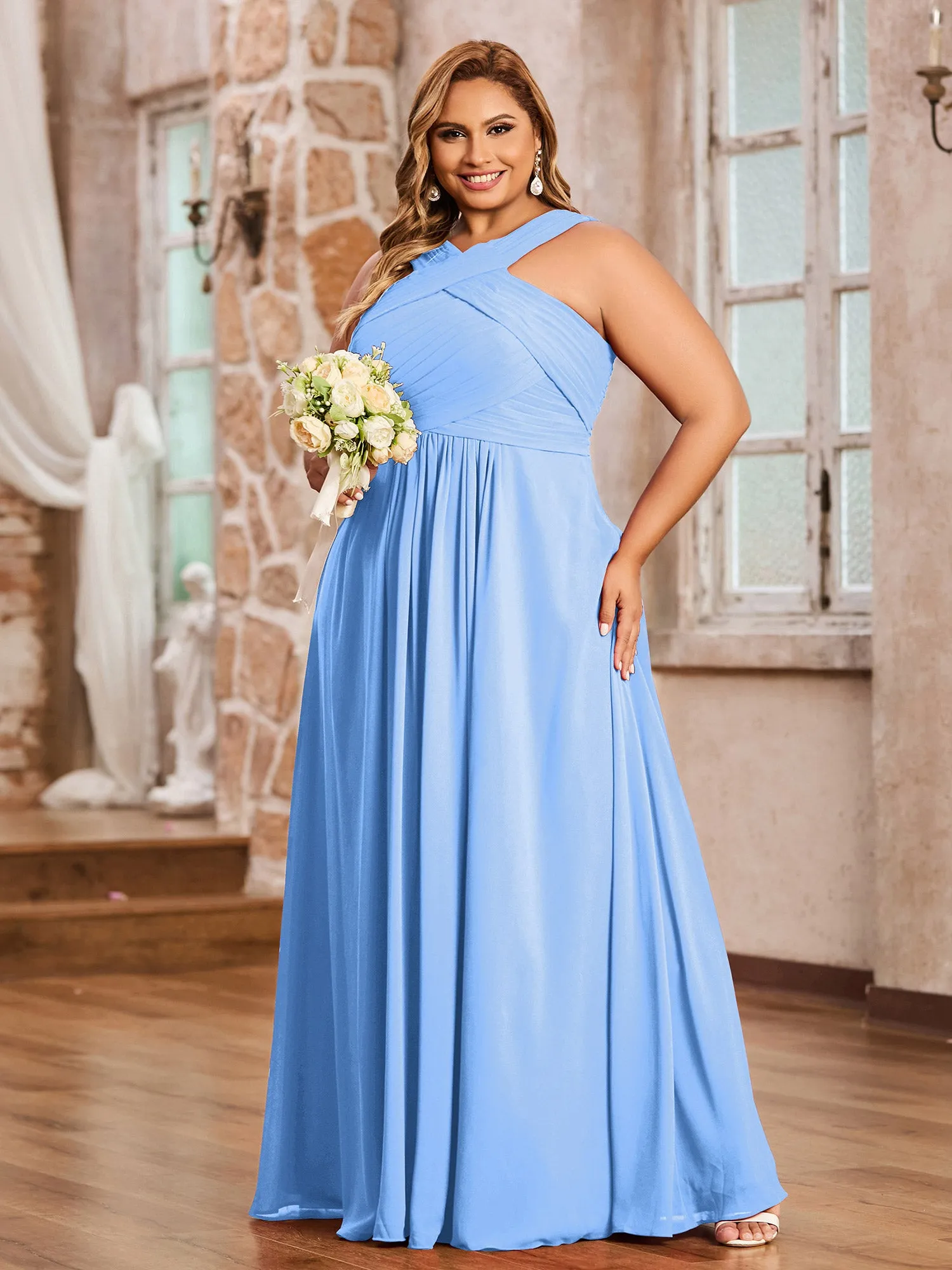 Cross Shoulder Strap Chiffon Dress with Empire Waist Blue Plus Size