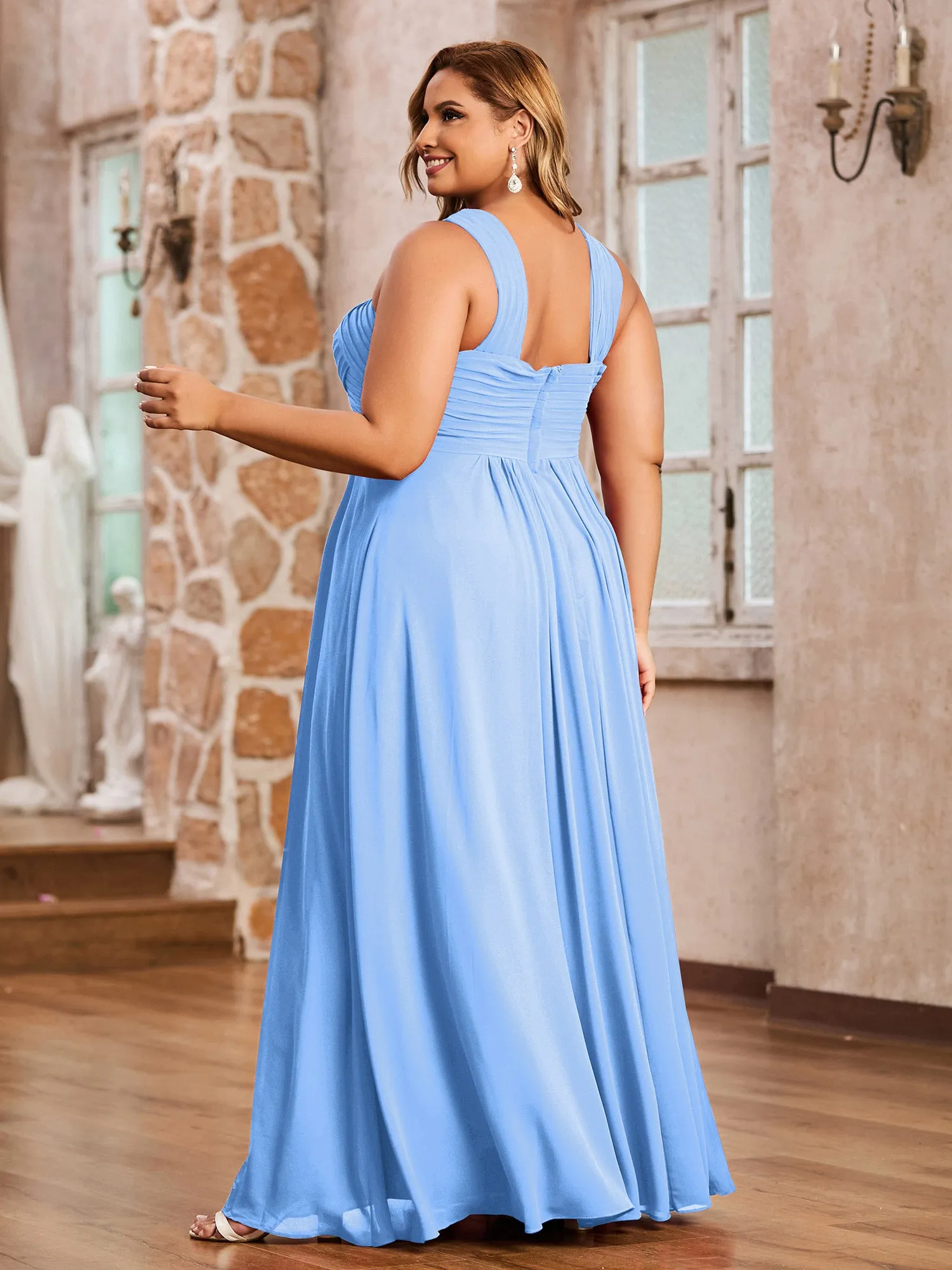 Cross Shoulder Strap Chiffon Dress with Empire Waist Blue Plus Size