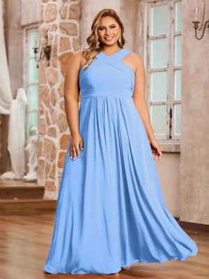 Cross Shoulder Strap Chiffon Dress with Empire Waist Blue Plus Size