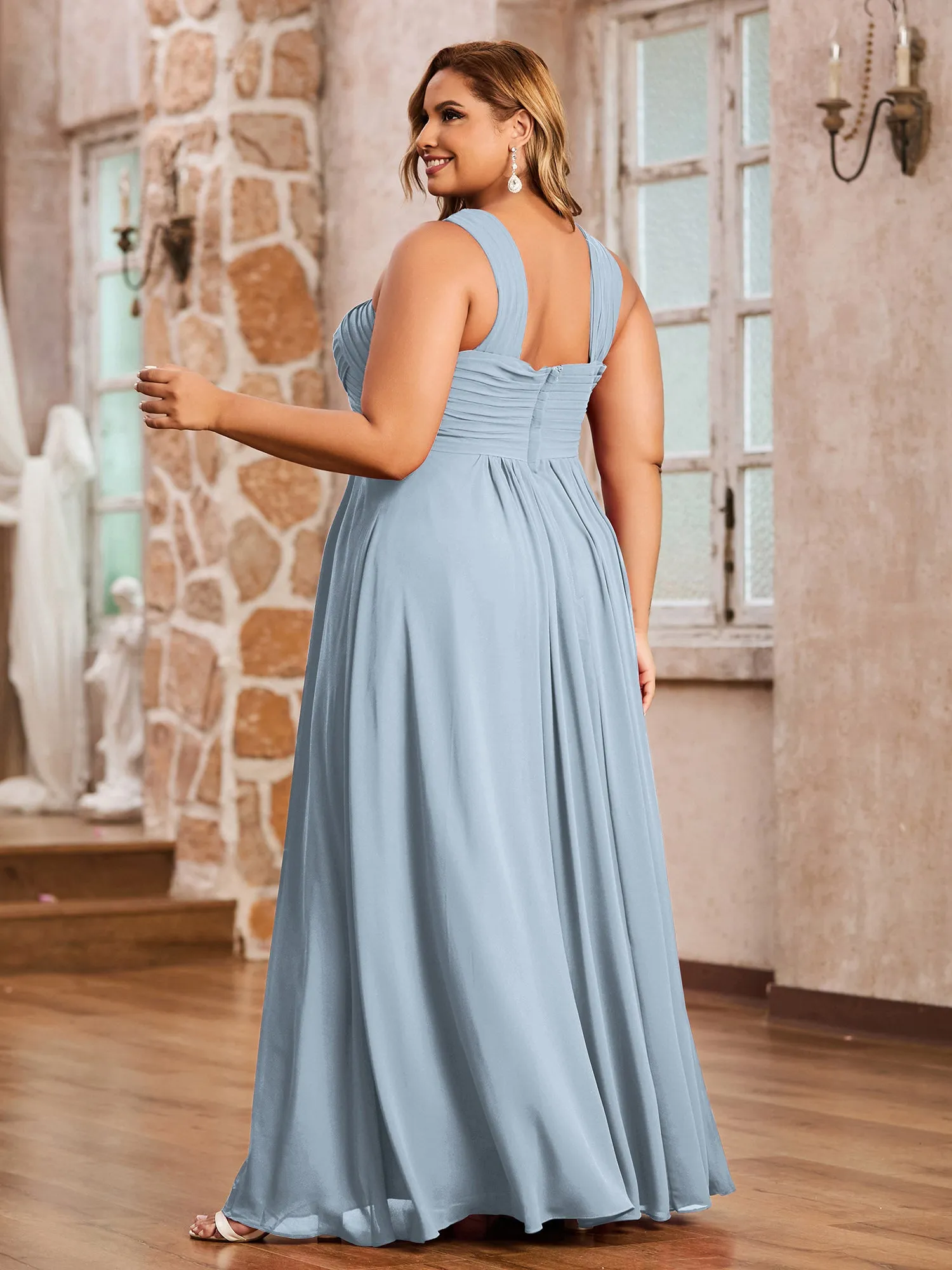 Cross Shoulder Strap Chiffon Dress with Empire Waist Dusty Blue Plus Size