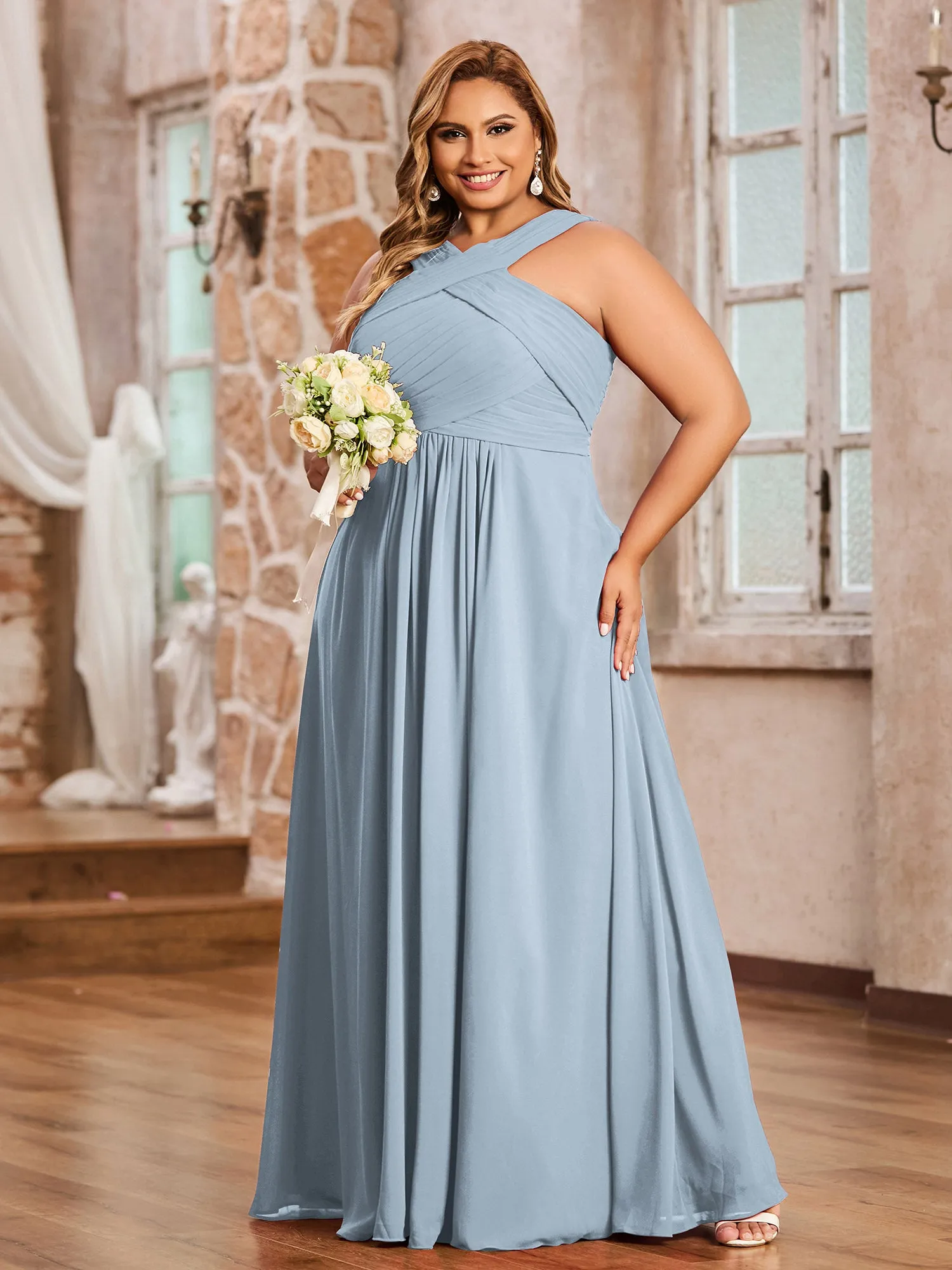 Cross Shoulder Strap Chiffon Dress with Empire Waist Dusty Blue Plus Size