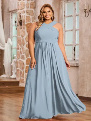 Cross Shoulder Strap Chiffon Dress with Empire Waist Dusty Blue Plus Size