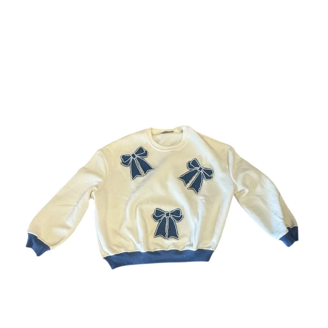 DENIM PEARL BOW PATCH LONG SLEEVE SWEATSHIRT