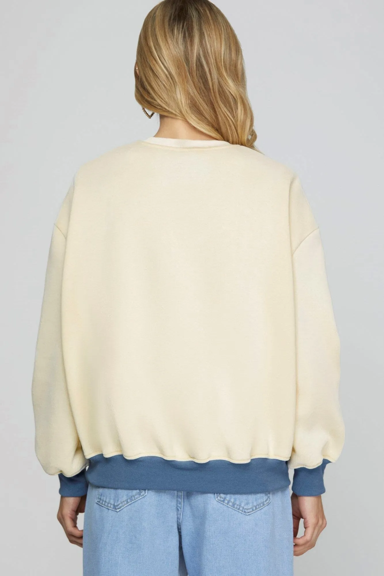 DENIM PEARL BOW PATCH LONG SLEEVE SWEATSHIRT