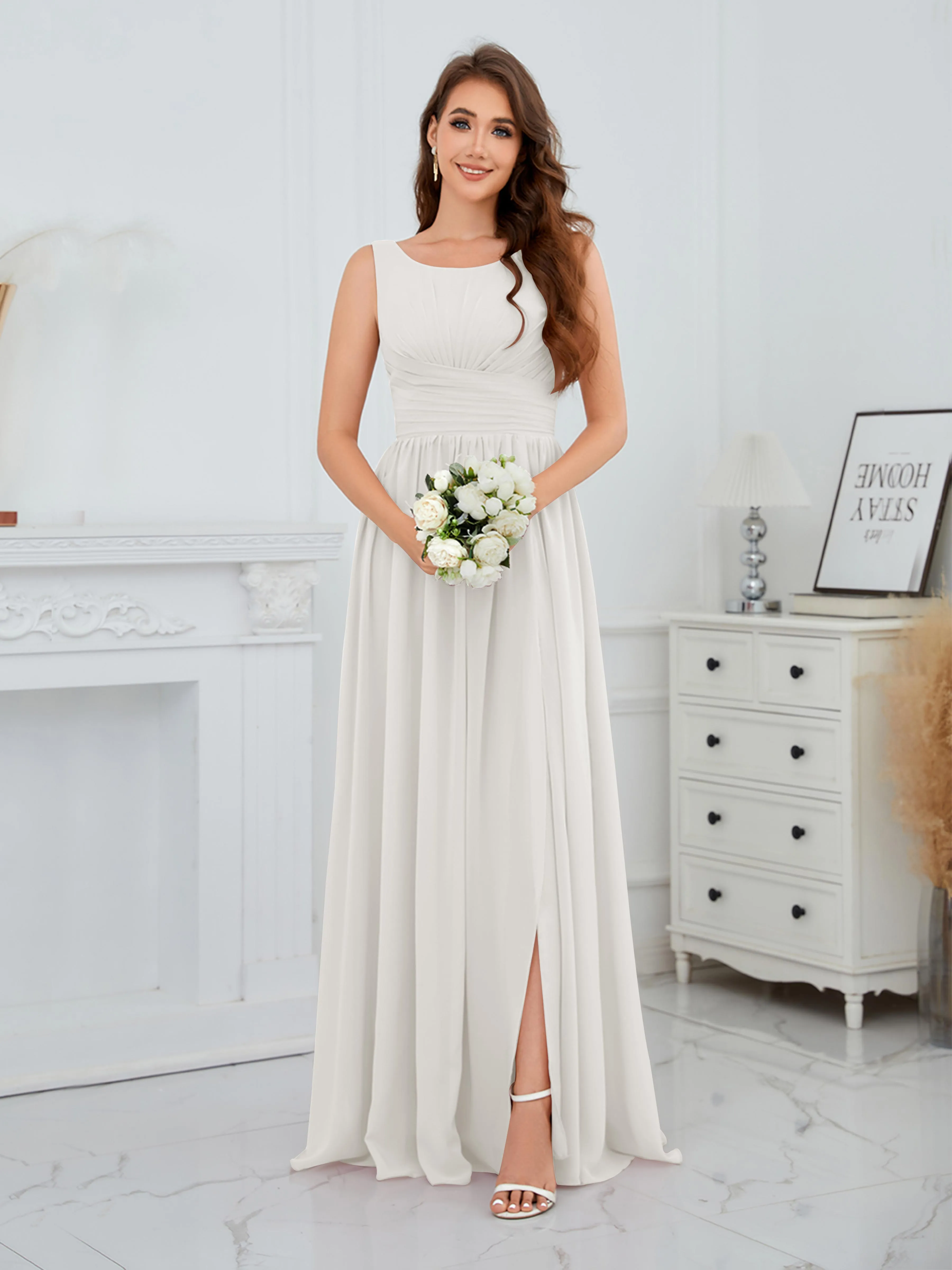 Elaine Chic Scoop Sleeveless Ruched Floor Length Chiffon Bridesmaid Dresses
