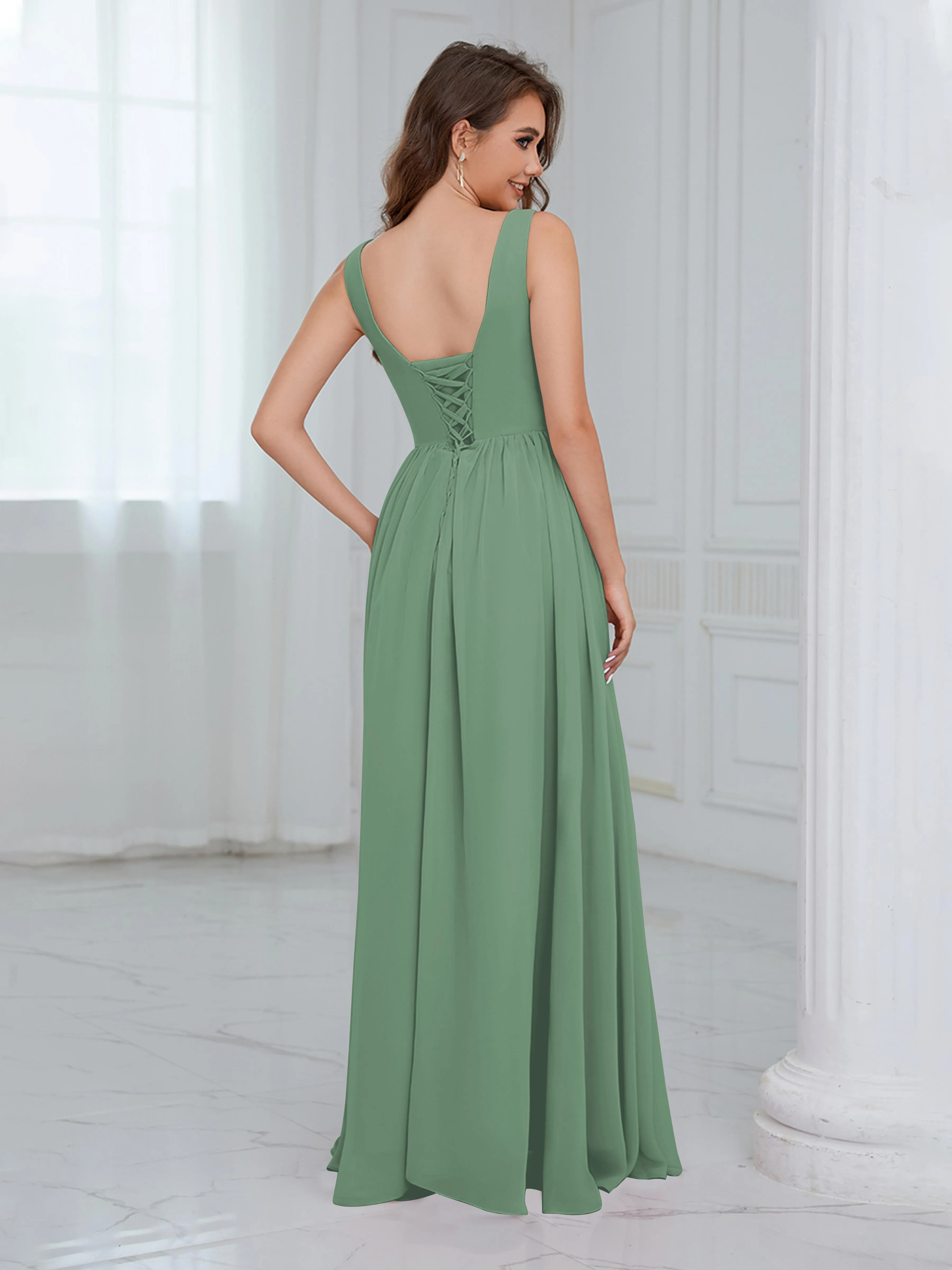 Elaine Chic Scoop Sleeveless Ruched Floor Length Chiffon Bridesmaid Dresses