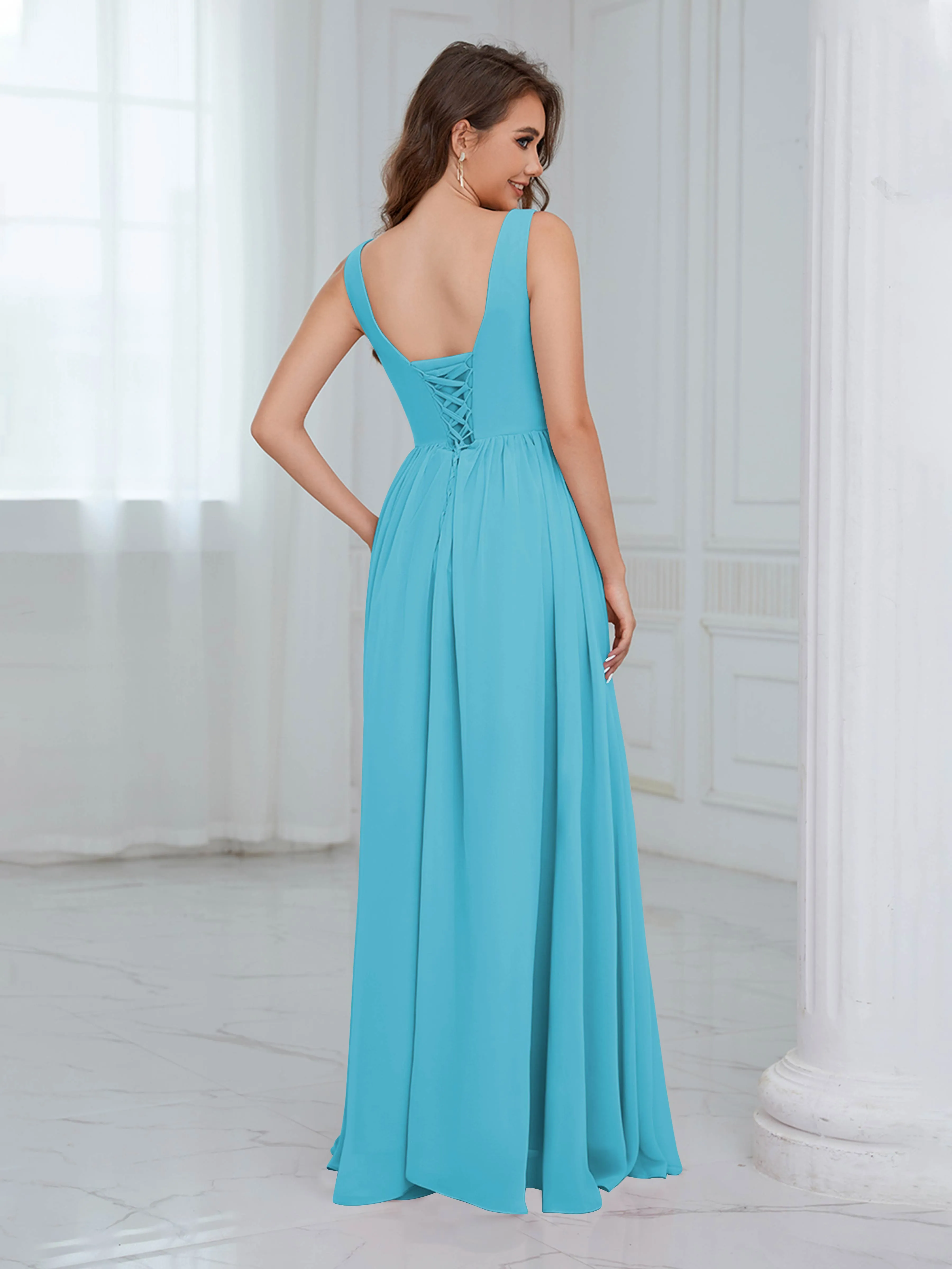 Elaine Chic Scoop Sleeveless Ruched Floor Length Chiffon Bridesmaid Dresses