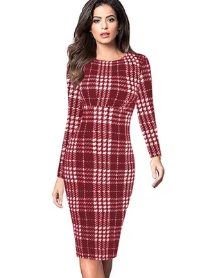 Elegant Chic Long Sleeve Striped Business Cocktail Pencil Dress