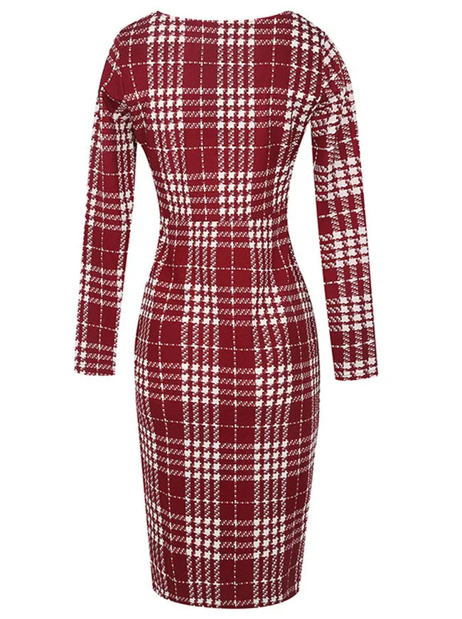 Elegant Chic Long Sleeve Striped Business Cocktail Pencil Dress