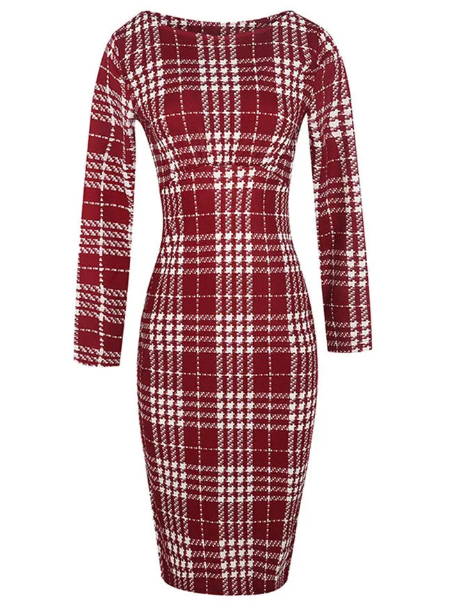 Elegant Chic Long Sleeve Striped Business Cocktail Pencil Dress