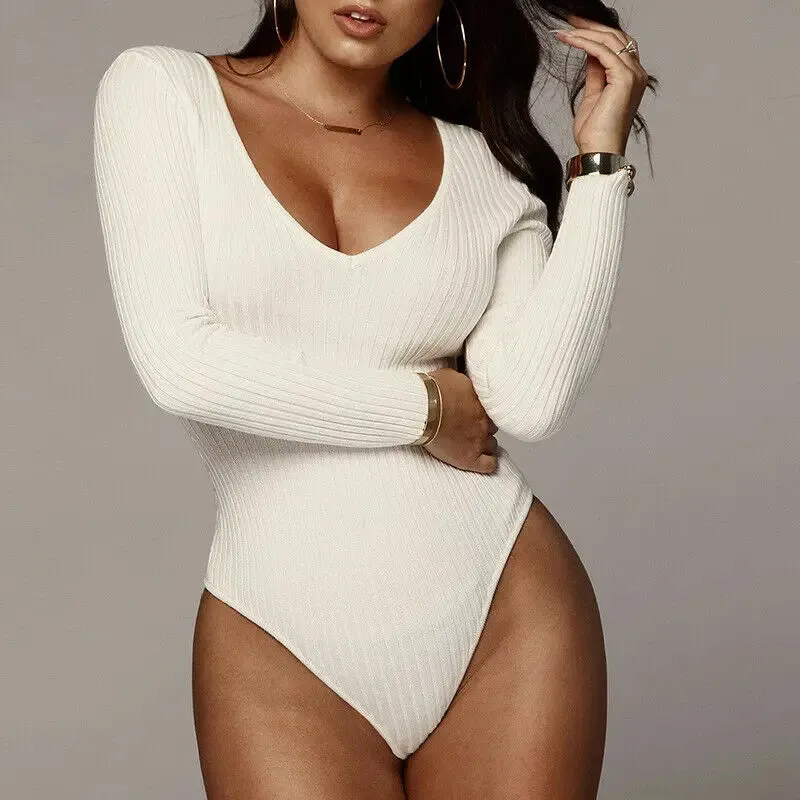 Elegant Knitted Long Sleeve Bodysuit Slim Fit Leotard