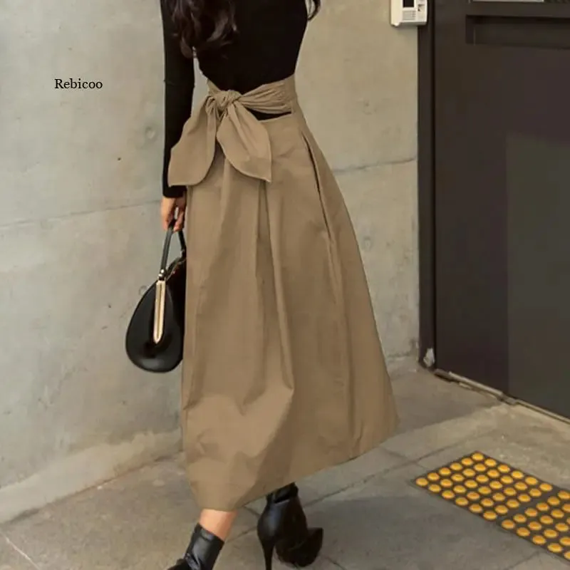 Elegant Skirts Womens Korean Fashion Solid Color Big Swing Ladies Skirt Long Skirt 2022 Autumn Wild High Waist Bow Slim Skirts