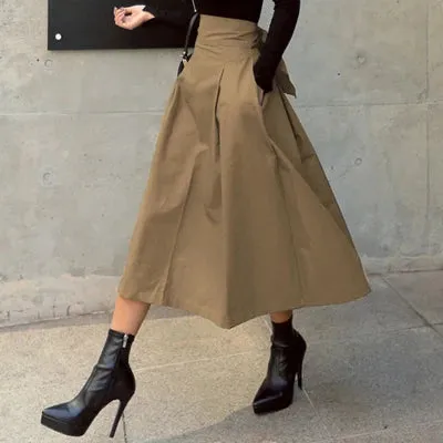 Elegant Skirts Womens Korean Fashion Solid Color Big Swing Ladies Skirt Long Skirt 2022 Autumn Wild High Waist Bow Slim Skirts