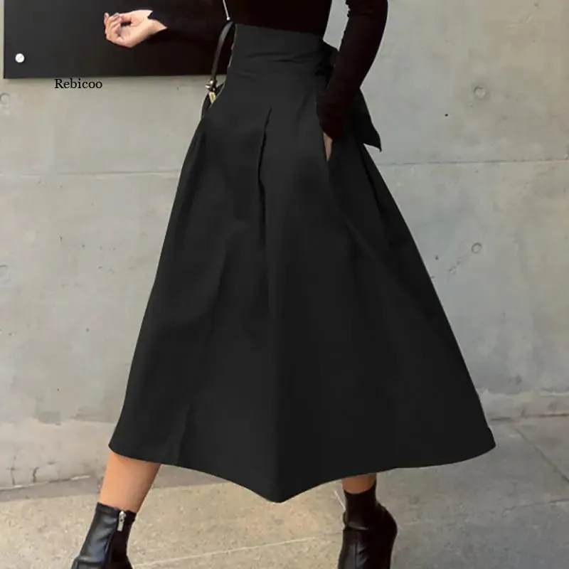 Elegant Skirts Womens Korean Fashion Solid Color Big Swing Ladies Skirt Long Skirt 2022 Autumn Wild High Waist Bow Slim Skirts