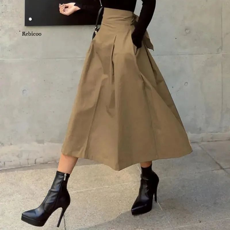 Elegant Skirts Womens Korean Fashion Solid Color Big Swing Ladies Skirt Long Skirt 2022 Autumn Wild High Waist Bow Slim Skirts