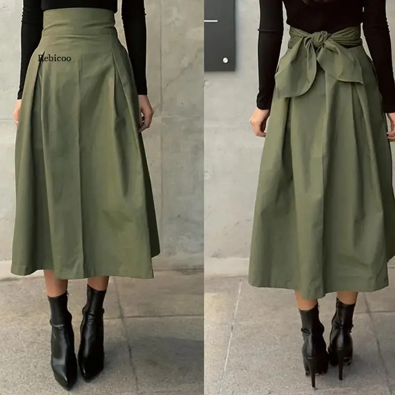 Elegant Skirts Womens Korean Fashion Solid Color Big Swing Ladies Skirt Long Skirt 2022 Autumn Wild High Waist Bow Slim Skirts