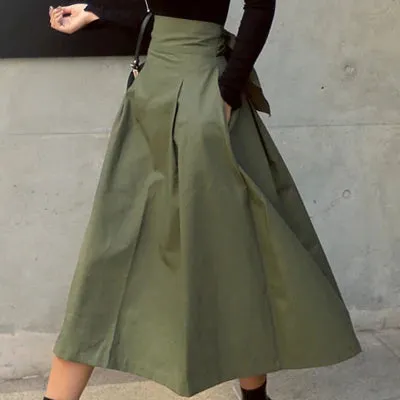 Elegant Skirts Womens Korean Fashion Solid Color Big Swing Ladies Skirt Long Skirt 2022 Autumn Wild High Waist Bow Slim Skirts