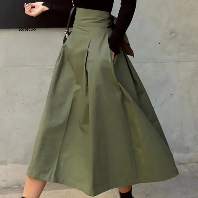 Elegant Skirts Womens Korean Fashion Solid Color Big Swing Ladies Skirt Long Skirt 2022 Autumn Wild High Waist Bow Slim Skirts