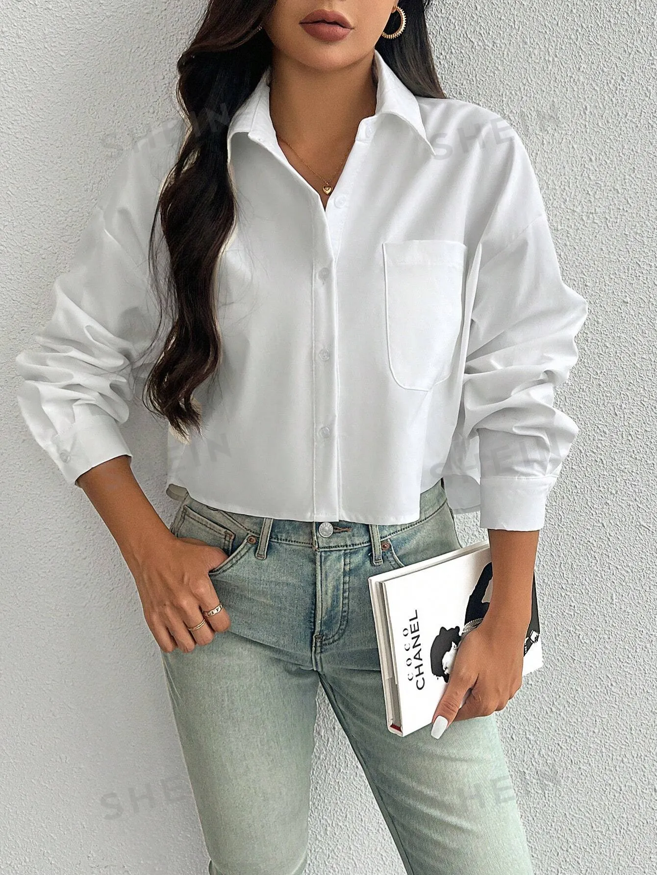 Essnce Women's Spring/Summer Solid Color Loose Fit Drop Shoulder Long Sleeve Cropped Casual Shirt With Pocket
