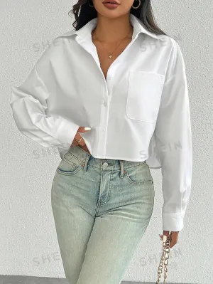 Essnce Women's Spring/Summer Solid Color Loose Fit Drop Shoulder Long Sleeve Cropped Casual Shirt With Pocket