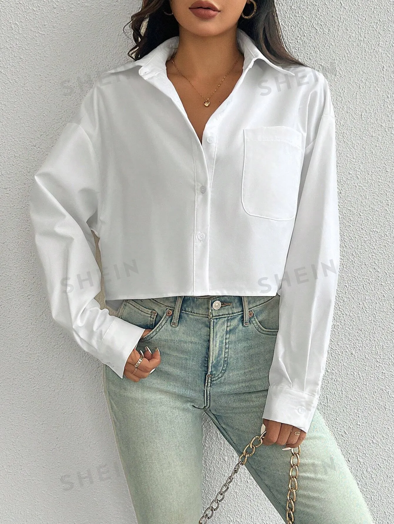 Essnce Women's Spring/Summer Solid Color Loose Fit Drop Shoulder Long Sleeve Cropped Casual Shirt With Pocket