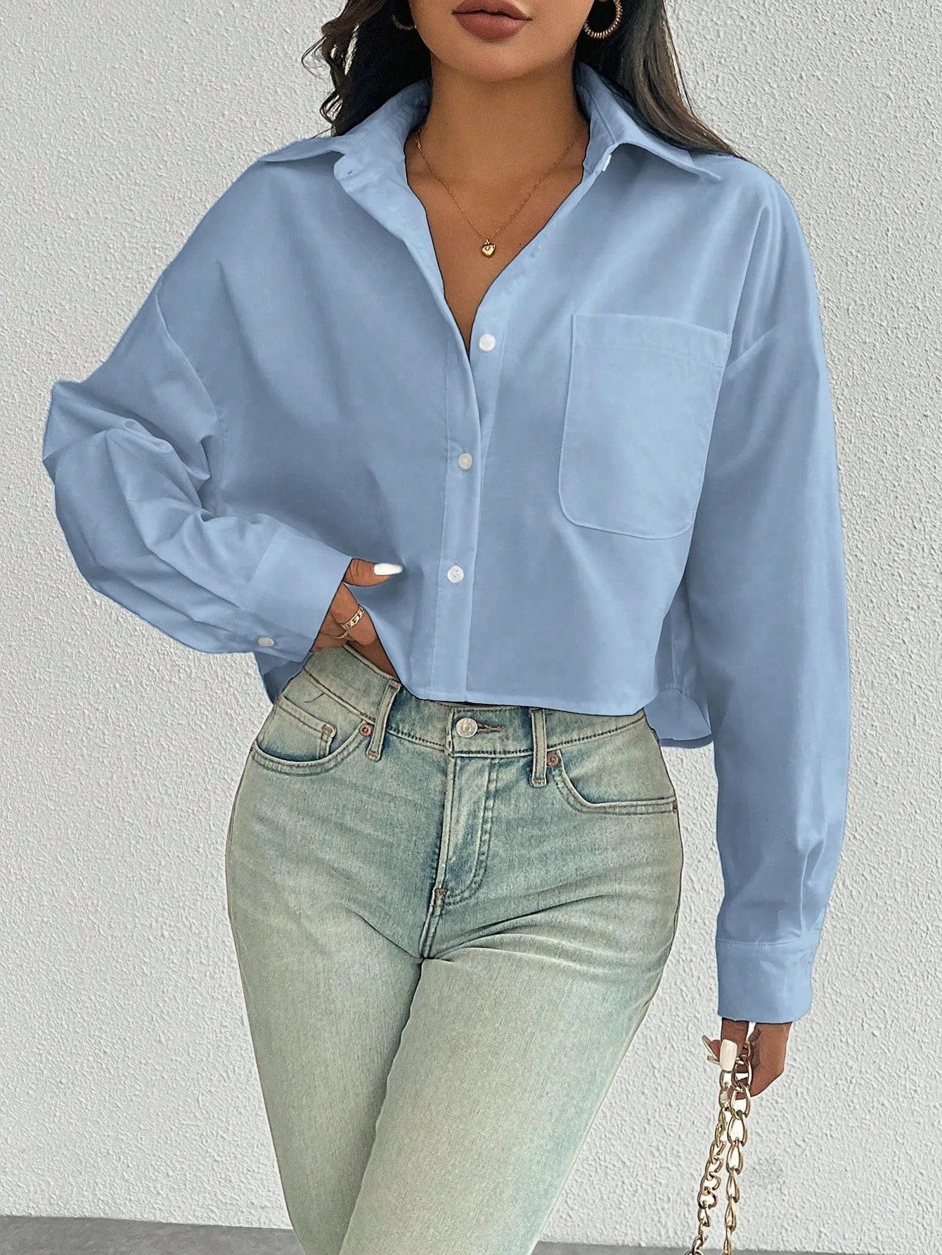 Essnce Women's Spring/Summer Solid Color Loose Fit Drop Shoulder Long Sleeve Cropped Casual Shirt With Pocket