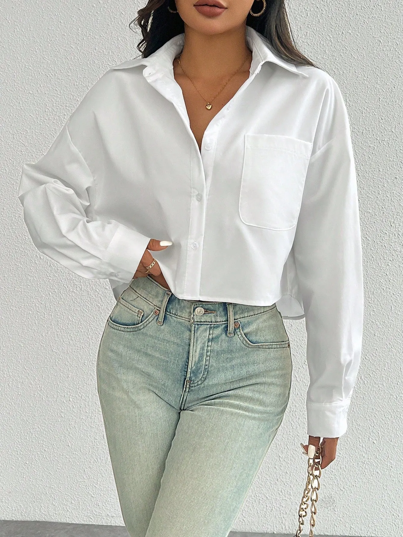 Essnce Women's Spring/Summer Solid Color Loose Fit Drop Shoulder Long Sleeve Cropped Casual Shirt With Pocket