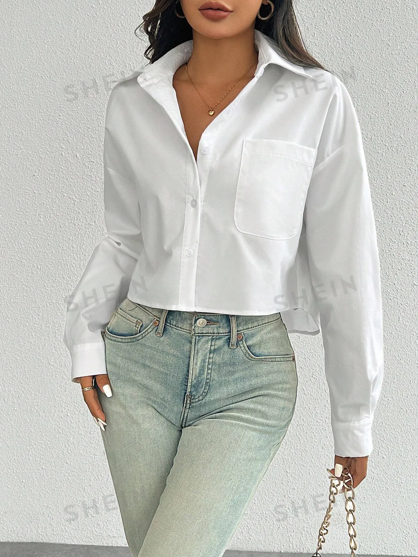 Essnce Women's Spring/Summer Solid Color Loose Fit Drop Shoulder Long Sleeve Cropped Casual Shirt With Pocket