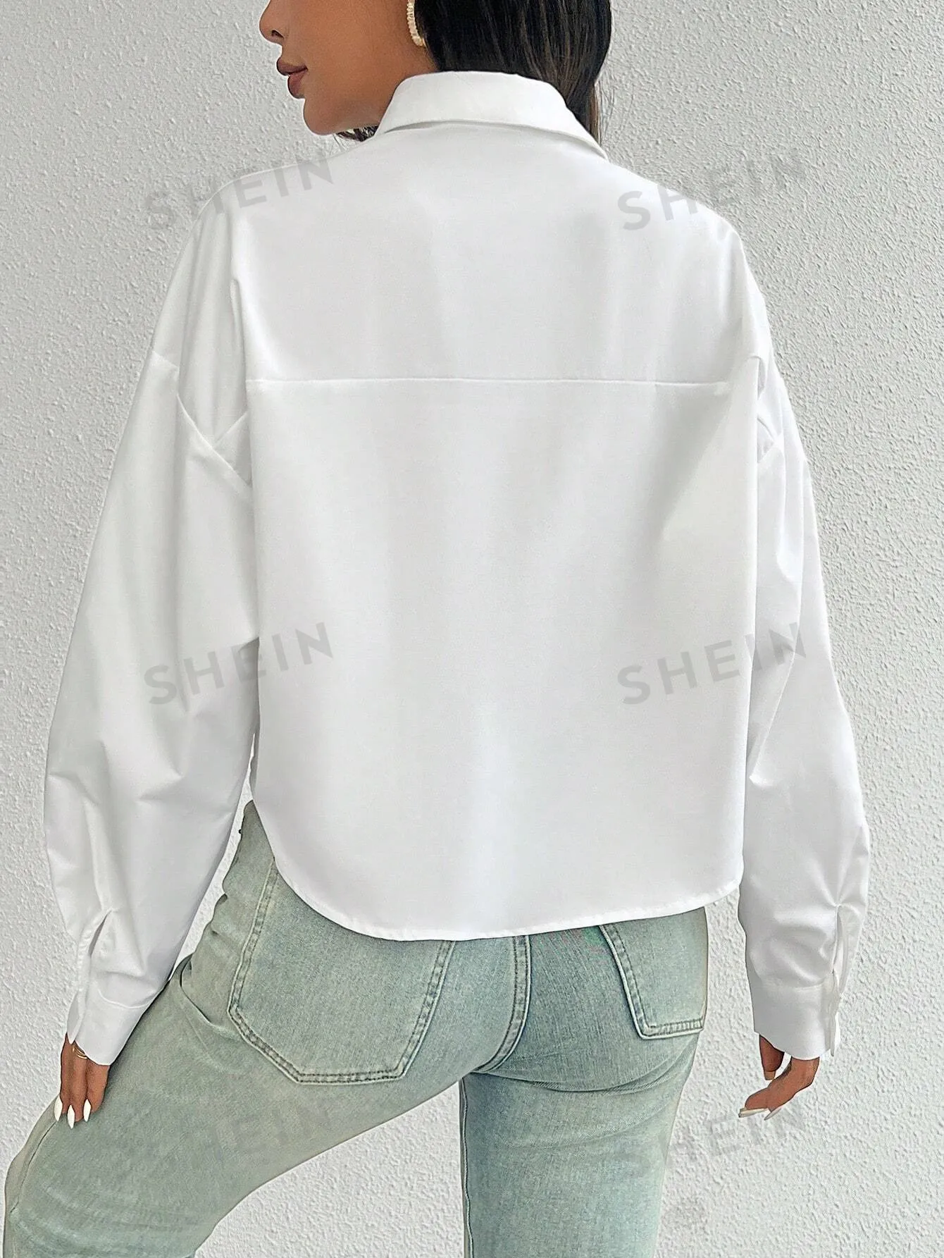 Essnce Women's Spring/Summer Solid Color Loose Fit Drop Shoulder Long Sleeve Cropped Casual Shirt With Pocket
