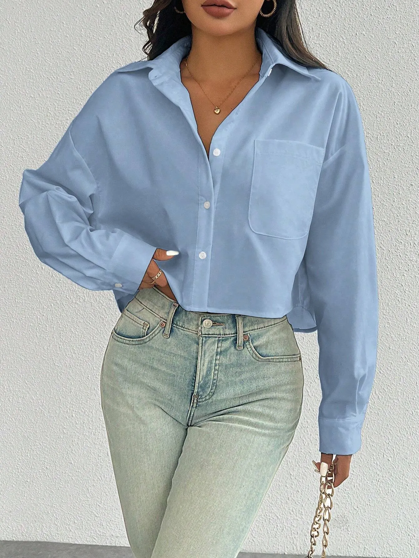 Essnce Women's Spring/Summer Solid Color Loose Fit Drop Shoulder Long Sleeve Cropped Casual Shirt With Pocket