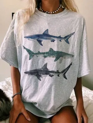 Ezwear Oversized T-Shirts Casual Simple Shark Print Light Floral Grey