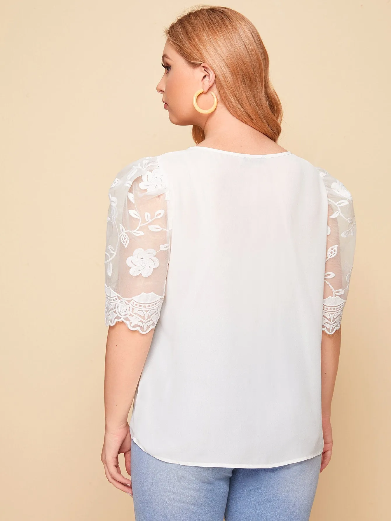 Floral Embroidery Half Sleeve Round Neck Regular Plus Size Blouse