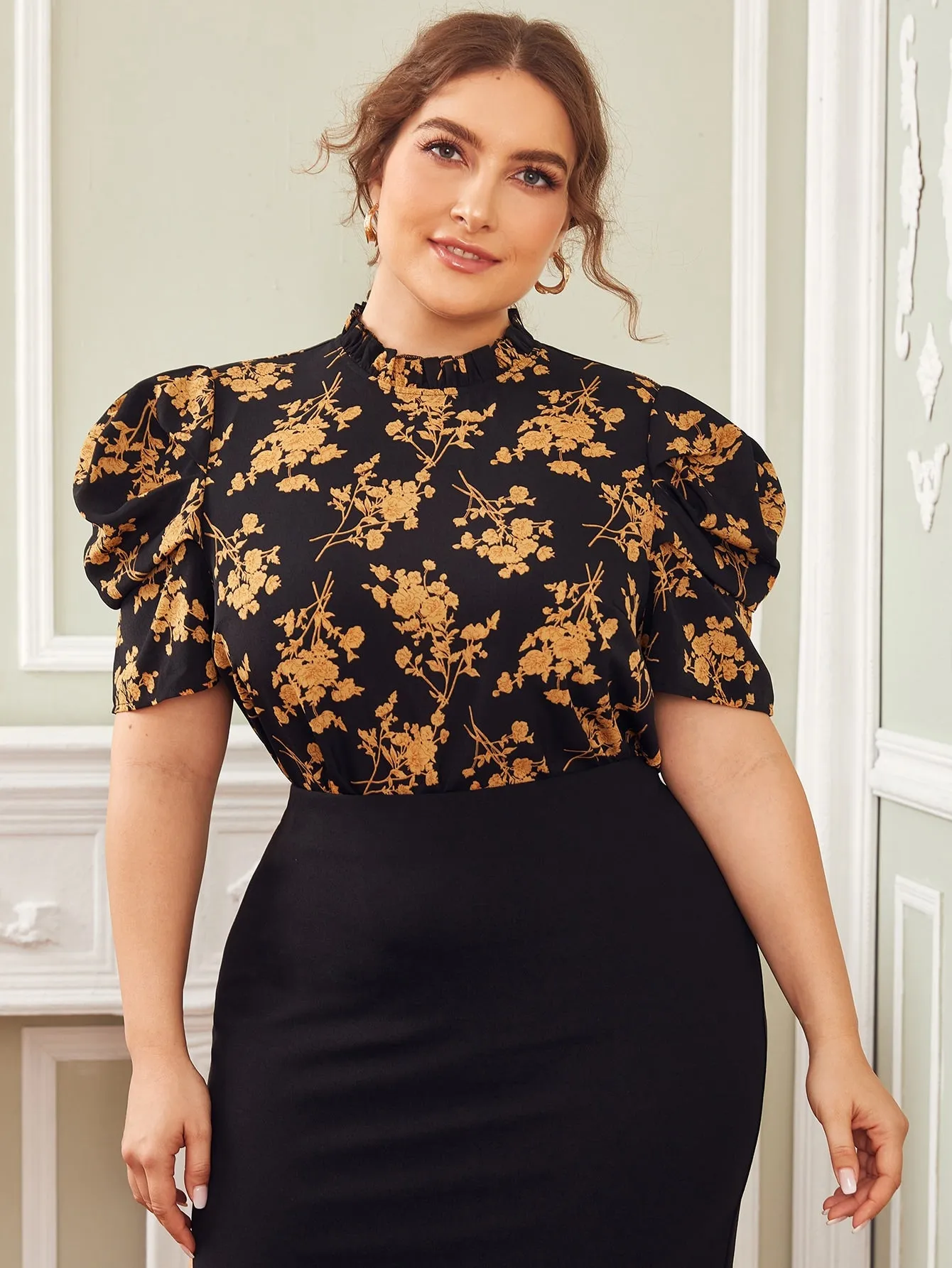 Floral Frill Short Sleeve Stand Collar Regular Plus Size Blouse