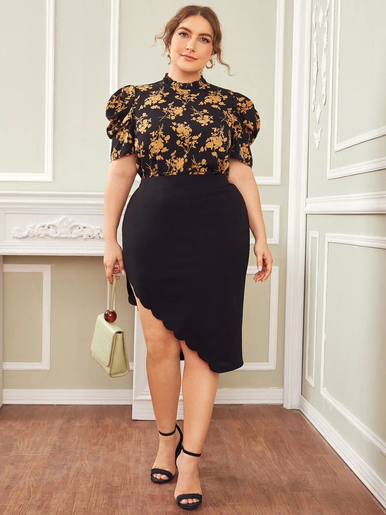 Floral Frill Short Sleeve Stand Collar Regular Plus Size Blouse