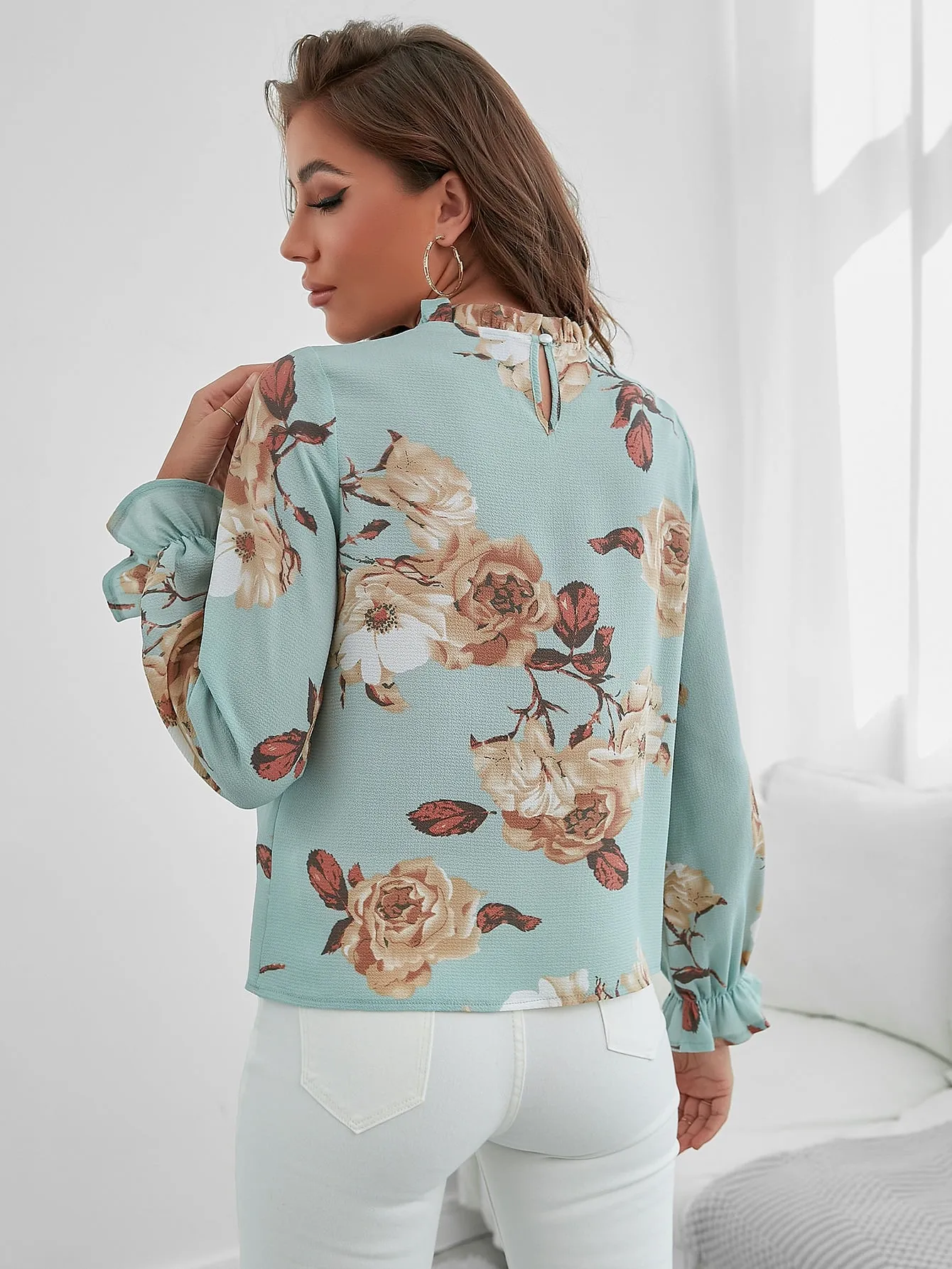 Floral Print Ruffle Neck Flounce Sleeve Blouse
