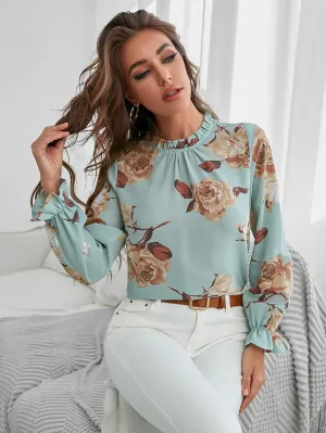 Floral Print Ruffle Neck Flounce Sleeve Blouse