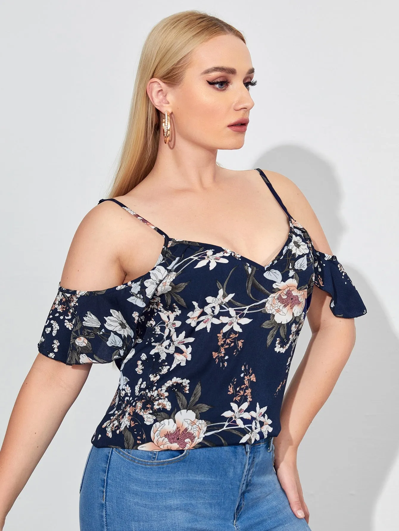 Floral Ruffle Short Sleeve Cold Shoulder Regular Plus Blouse
