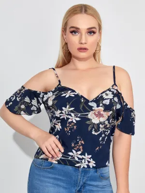 Floral Ruffle Short Sleeve Cold Shoulder Regular Plus Blouse