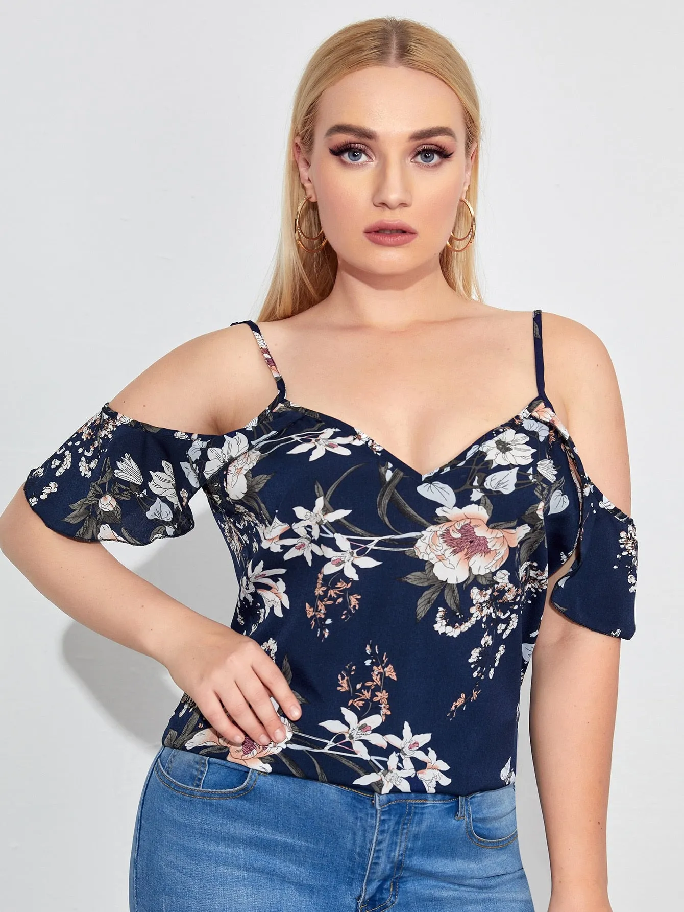 Floral Ruffle Short Sleeve Cold Shoulder Regular Plus Blouse