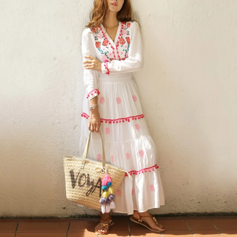 Flower Embroidery Maxi Dress Summer V neck Sexy Long Sleeve Sunscreen