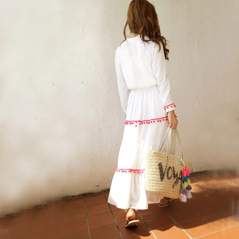 Flower Embroidery Maxi Dress Summer V neck Sexy Long Sleeve Sunscreen