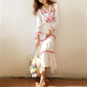 Flower Embroidery Maxi Dress Summer V neck Sexy Long Sleeve Sunscreen