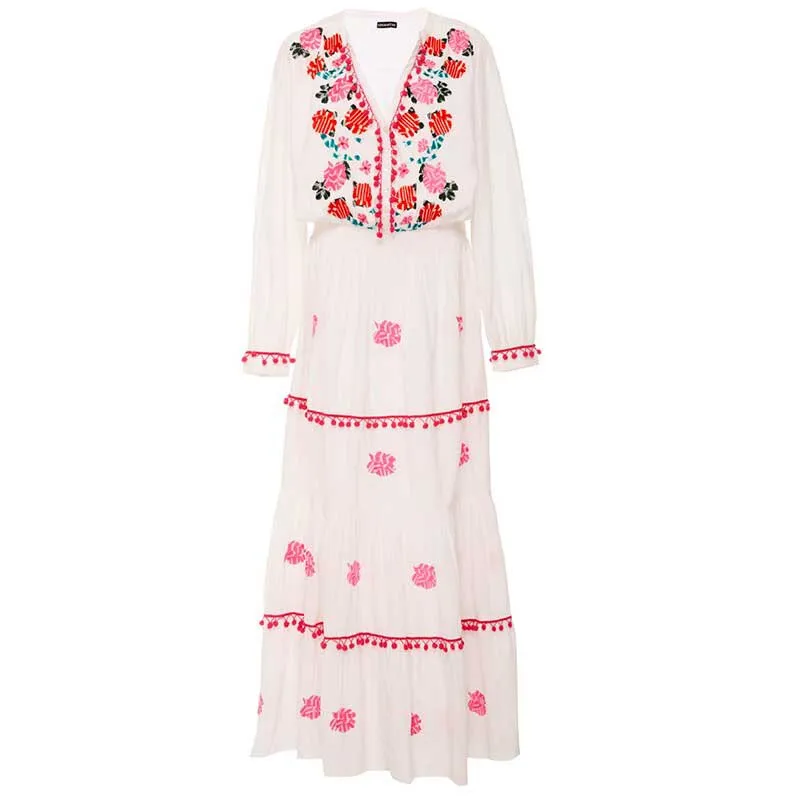 Flower Embroidery Maxi Dress Summer V neck Sexy Long Sleeve Sunscreen