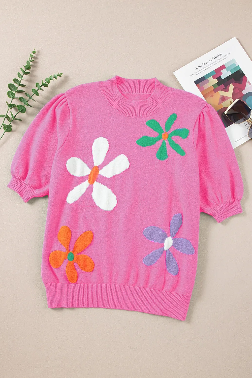 Flower Mock Neck Short Sleeve Sweater Women's Casual Fashion Short Sleeve Top