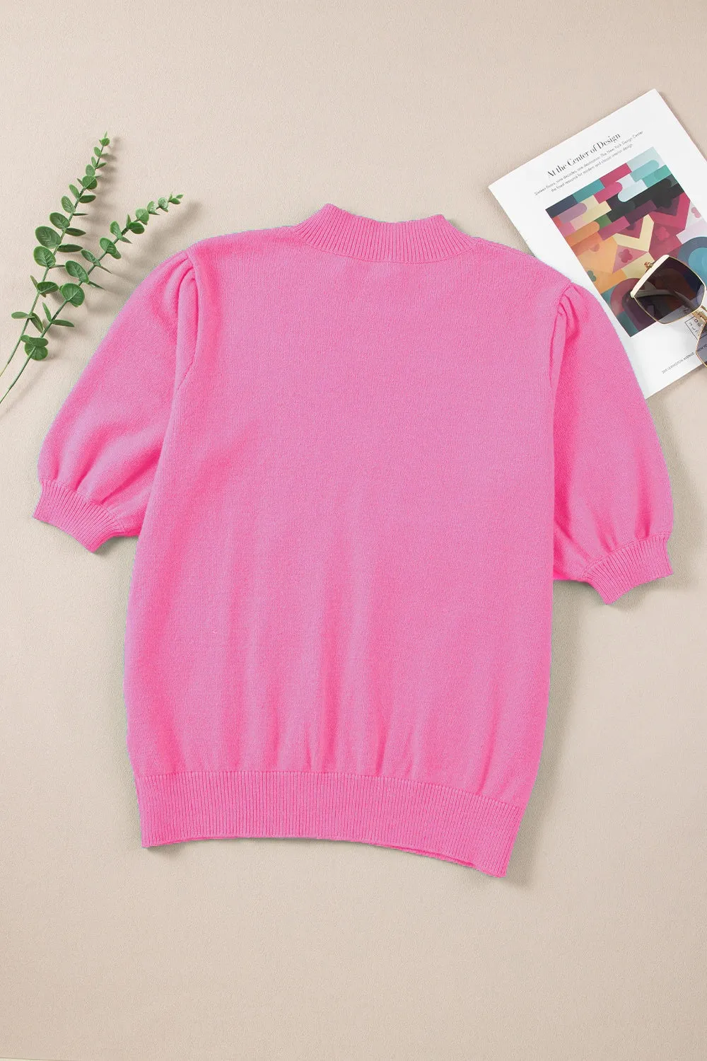 Flower Mock Neck Short Sleeve Sweater Women's Casual Fashion Short Sleeve Top