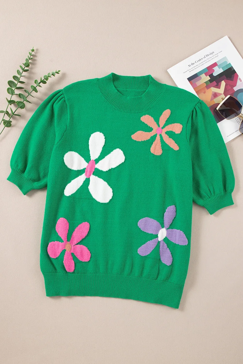 Flower Mock Neck Short Sleeve Sweater Women's Casual Fashion Short Sleeve Top