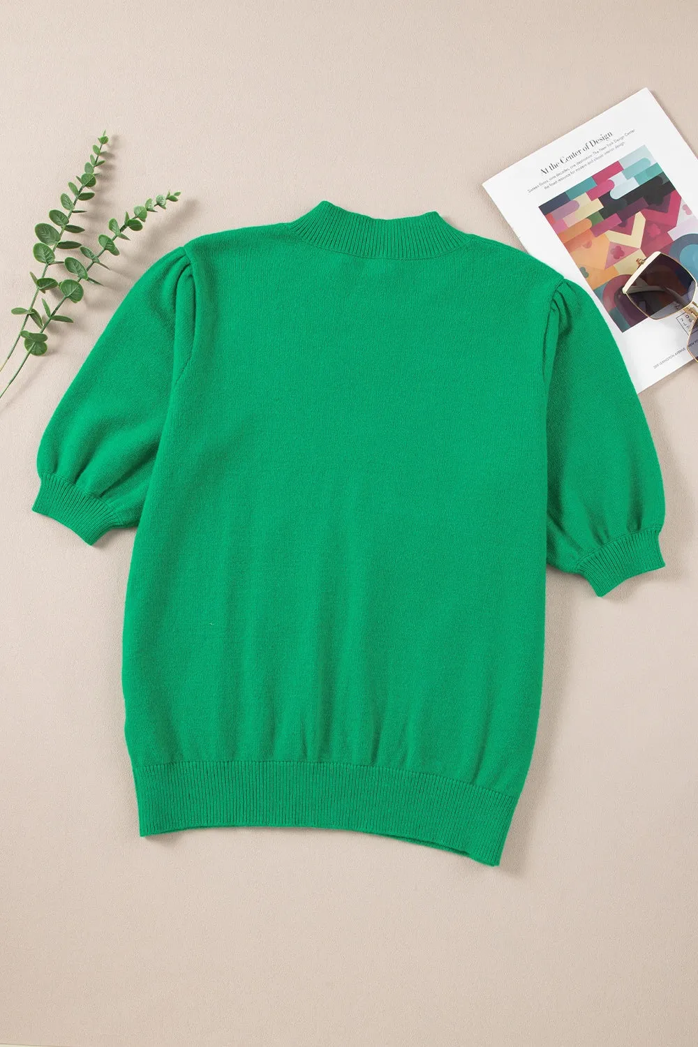 Flower Mock Neck Short Sleeve Sweater Women's Casual Fashion Short Sleeve Top